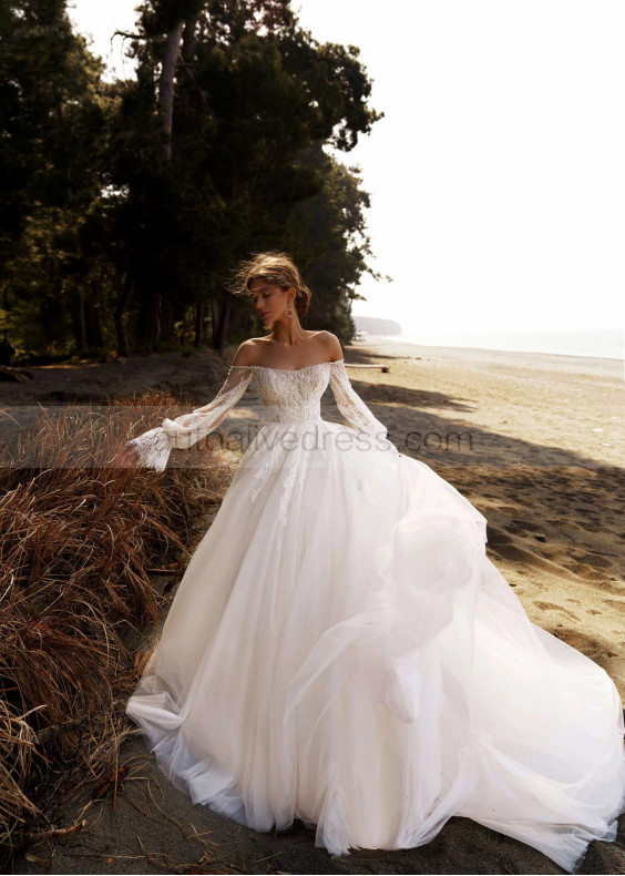 White Lace Tulle Pearls Embellished Stunning Wedding Dress